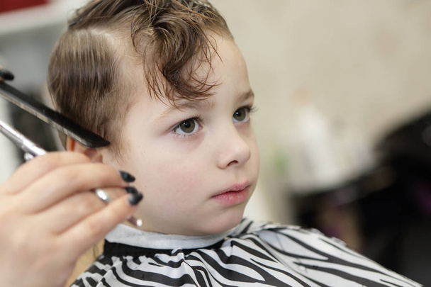 Barber cutting hair of boy - Foto, afbeelding