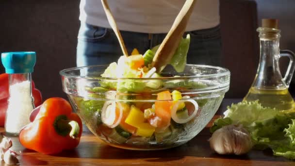 Woman mixed healthy salad on kitchen, slow motion hd video - Footage, Video