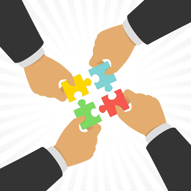 Hands putting puzzle pieces together. - Vector, Image