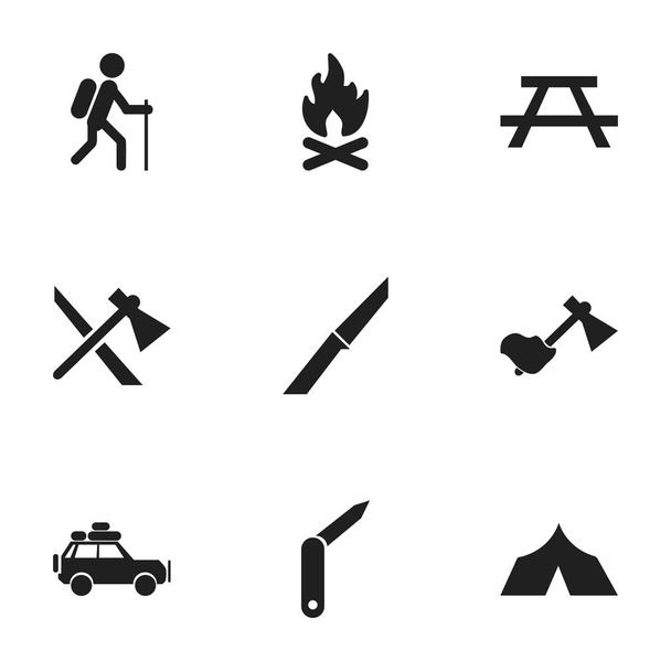 Set von 9 editierbaren Reise-Symbolen. beinhaltet Symbole wie Klammermesser, Gang, Tomahawk und mehr. kann für Web-, Mobil-, UI- und Infografik-Design verwendet werden. - Vektor, Bild