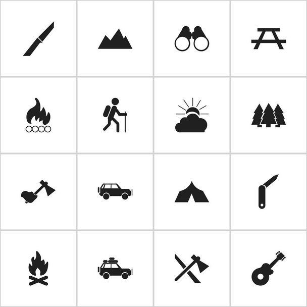 Készlet 16 szerkeszthető utazás ikonok. Csúcs, fenyő, Ax és más szimbólumokat tartalmaz. Lehet használni a Web, mobil, Ui és Infographic Design. - Vektor, kép
