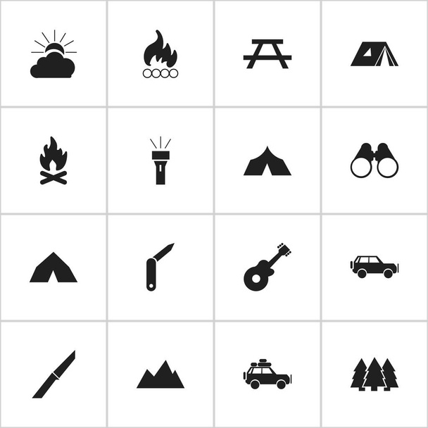 Conjunto de 16 ícones de viagem editáveis. Inclui símbolos como Tepee, Pico, Febre e muito mais. Pode ser usado para Web, Mobile, UI e design infográfico
. - Vetor, Imagem