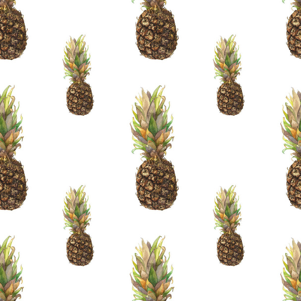 Pineapple ananas with colorful leaves on white background. Seamless watercolor pattern - Zdjęcie, obraz