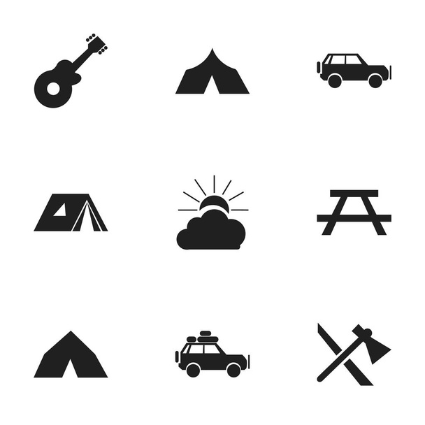 Conjunto de 9 ícones de viagem editáveis. Inclui símbolos como refúgio, nascer do sol, carro de viagem e muito mais. Pode ser usado para Web, Mobile, UI e design infográfico
. - Vetor, Imagem
