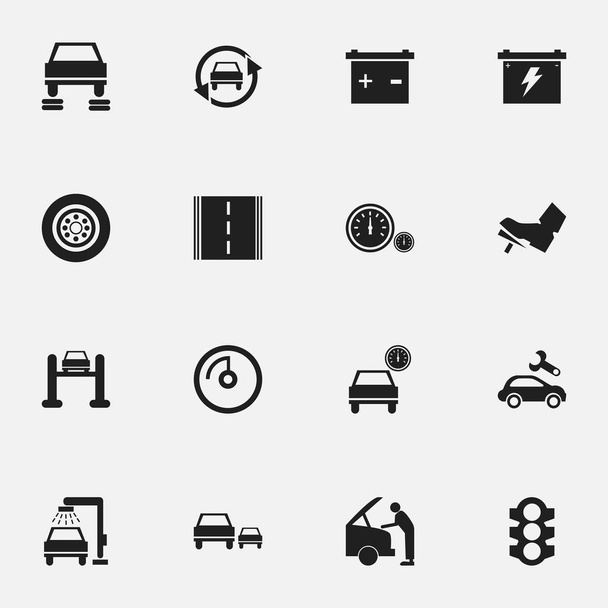 Ensemble de 16 icônes de trafic modifiables. Comprend des symboles tels que l'accumulateur, la réparation automatique, la réparation de voitures et plus encore. Peut être utilisé pour le Web, mobile, interface utilisateur et infographie
. - Vecteur, image