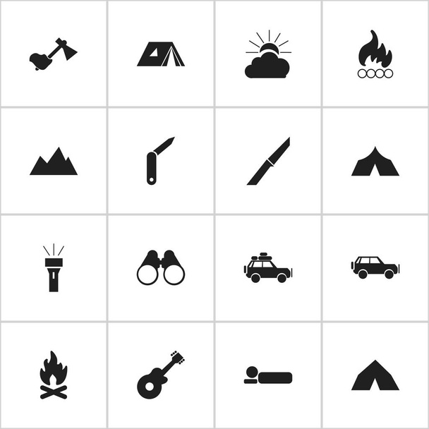 Conjunto de 16 iconos de viaje editables. Incluye símbolos tales como vehículo deportivo, cuchillo, instrumento musical y más. Puede ser utilizado para el diseño de la tela, móvil, interfaz de usuario e infografía
. - Vector, imagen