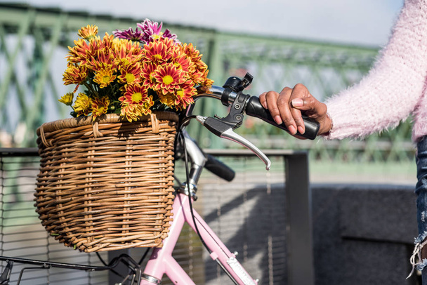 Black young woman riding a vintage bicycle - Fotoğraf, Görsel