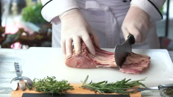Raw ribs on cooking board. - Filmati, video