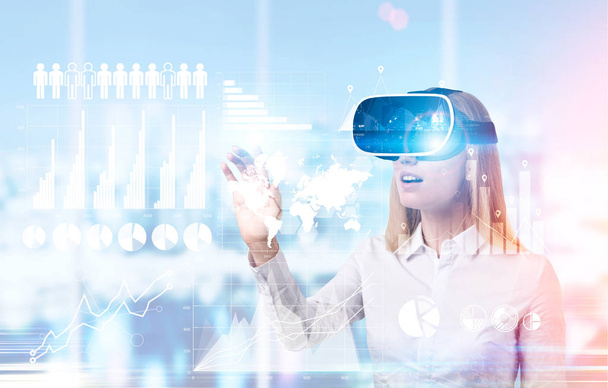 Woman in vr glasses and graphs - Fotoğraf, Görsel