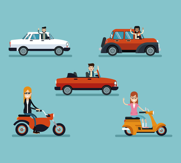 ομάδα άτομα οδήγησης αυτοκινήτων και μοτοσικλετών - Διάνυσμα, εικόνα
