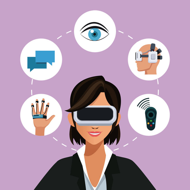 nő virtuális valóság szemüveg kapcsolat intelligens hordható - Vektor, kép