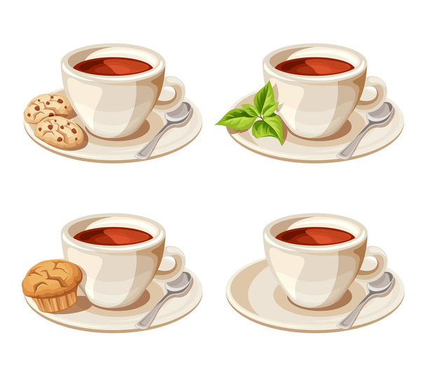 Set of four cups of tea. Vector illustration. - Vector, imagen