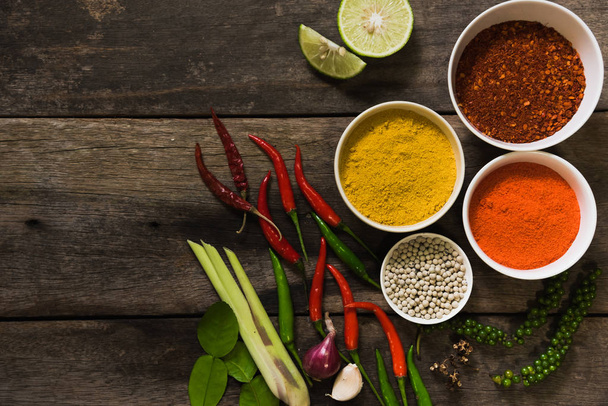 spices with ingredients on dark background. asian food, cooking  - Foto, Imagem