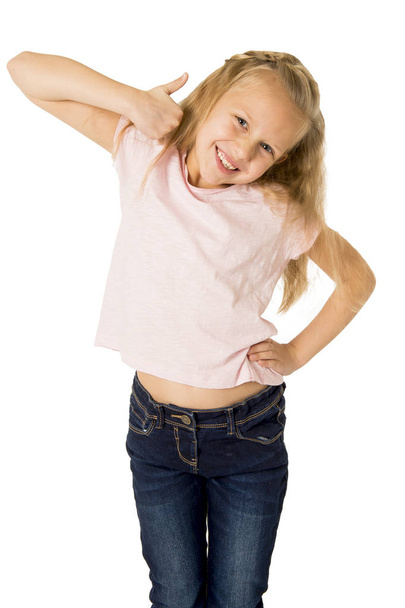 beautiful and happy female child gesturing excited and smiling cheerful rising arms isolated on white - Foto, Bild
