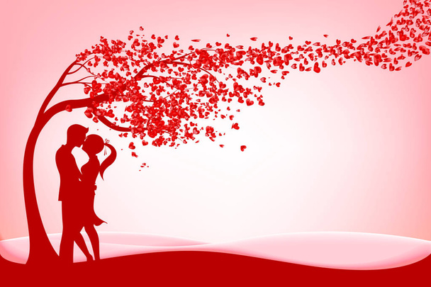 das Silhouettenpaar unter Dreien der Liebe mit Herz auf rosa Bac - Vektor, Bild