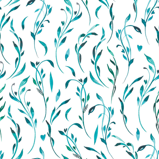 pattern of watercolor blue and green leaves and flowers - Fotó, kép