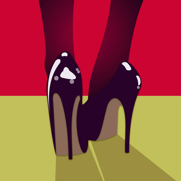 Black stylish female shoes with high heels in a pop art style, icon vector - Vector, Image