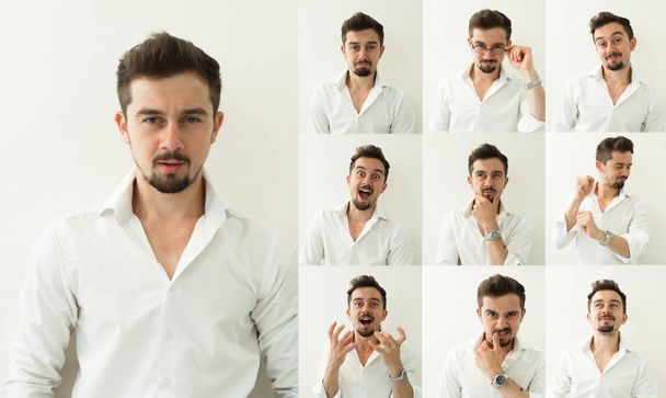 conjunto de expresiones de hombre barbudo sobre fondo gris. Hombre joven con múltiples expresiones faciales
 - Foto, imagen
