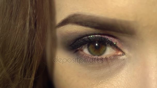 macro of beautiful female eye with nice make up. woman with beauty make up looking at the camera close up. - Felvétel, videó