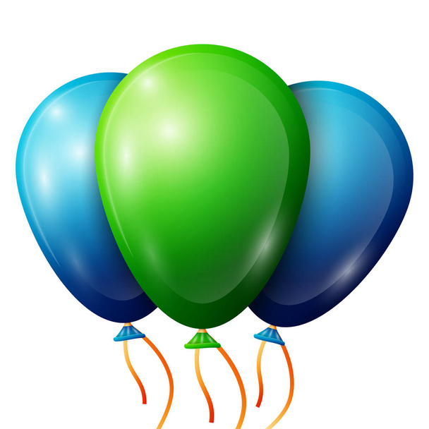 Realistische groene, blauwe ballonnen met linten geïsoleerd op een witte achtergrond. Vectorillustratie van glanzende kleurrijke glanzende ballonnen - Vector, afbeelding