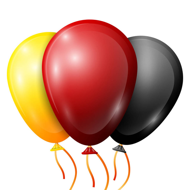 Ρεαλιστική κίτρινο, κόκκινο, μαύρο μπαλόνια με κορδέλες που απομονώνονται σε λευκό φόντο. Εικονογράφηση διάνυσμα λαμπερά πολύχρωμα μπαλόνια γυαλιστερό - Διάνυσμα, εικόνα