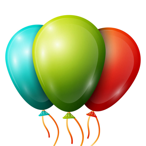 realistische türkis, grün, rote Luftballons mit Bändern isoliert auf weißem Hintergrund. Vektor-Illustration von glänzenden bunten Hochglanzballons - Vektor, Bild