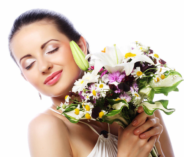 Young beautiful woman with bouquet, Happy day. - Fotó, kép