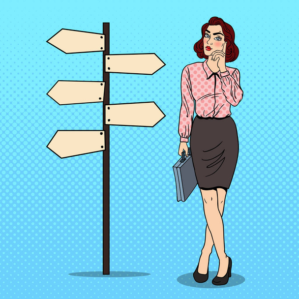 Pop Art Doubtfull Business Woman on Crossroads Pointer Sign. Vector illustration - Vector, Image