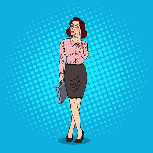 Pop Art Doubtfull Business Woman with Briefcase. Vector illustration - Vector, Image