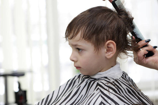 Barber cutting hair of preschooler - Foto, Imagen