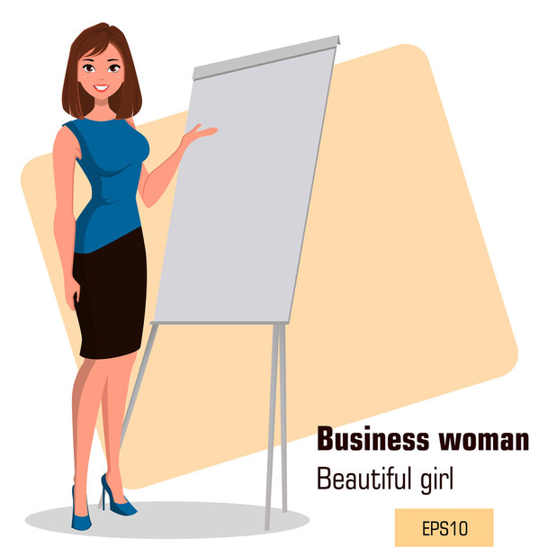 Молодая мультипликационная предпринимательница, стоящая рядом с офисной доской, делает презентацию. Красивая девушка представляет бизнес-план, стартап. Модная современная леди. Векторная иллюстрация. S10
 - Вектор,изображение