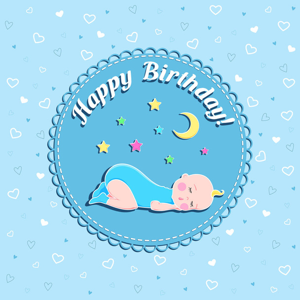 Funny newborn birthday vector card with sleeping baby, moon and stars on blue background with hearts for boy - Vektor, obrázek