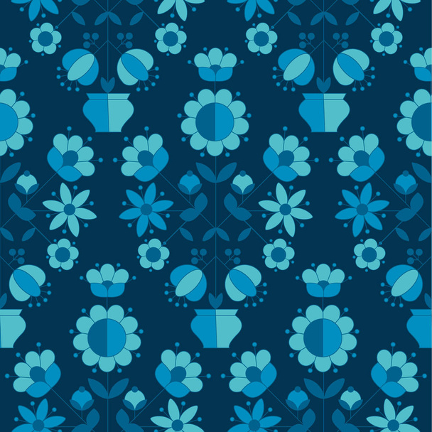 peasant style simple floral pattern on blue color.  - Vector, Image