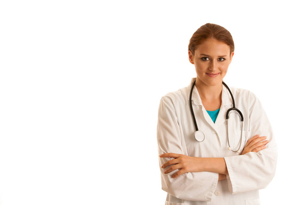 health care and medicine - young woman doctor isolated over white - Foto, Imagen