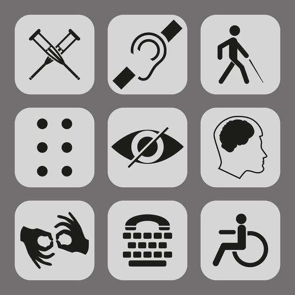 ベクトルには、聴覚障害者、ダムは、ミュート、ブラインド、点字フォント、精神疾患、弱視、車椅子アイコンと標識が無効になります。必須のコレクションは、公共の場所や web デザインの看板します。 - ベクター画像