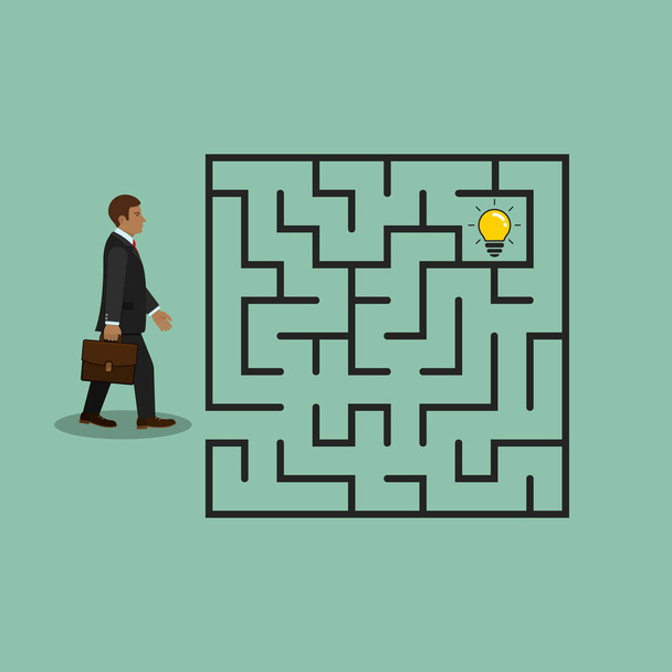 Businessman in labyrinth search idea light bulb, vector. - Vector, Image