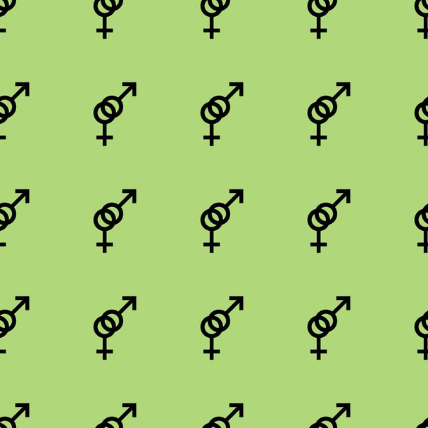 シームレス パターン。男性と女性のロマンチックなコレクション。女性と男性の黒の小さな標識、同じサイズです。明るい緑の背景のパターン。ベクトル図 - ベクター画像