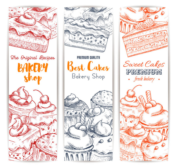 Bakery shop sweets and desserts sketch banners set - Vector, Image