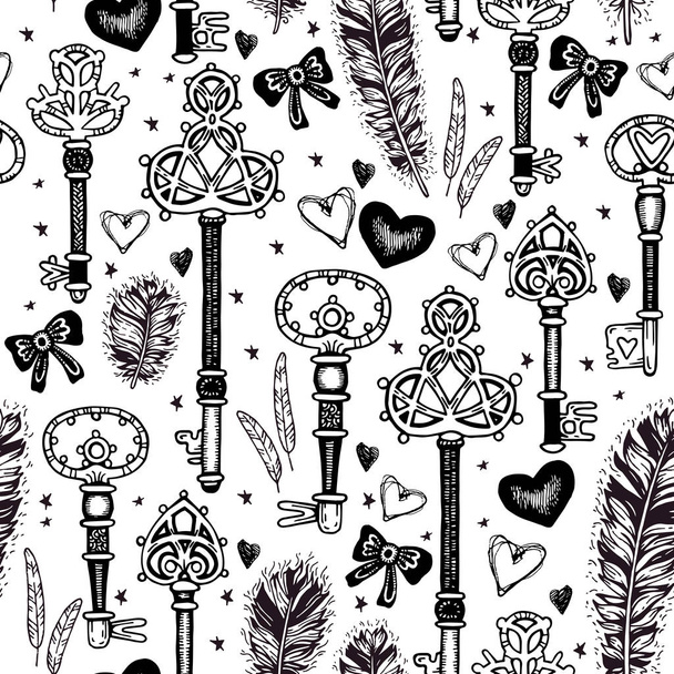 Vintage key with feathers and hearts pattern - Vector, Image