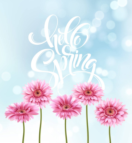 Gerbera Flower Background y Hello Spring Lettering. Ilustración vectorial
 - Vector, imagen