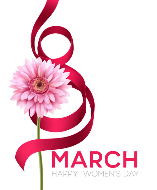 Greeting banner with gerbera flower and ribbon. 8 March - International Womens Day. Vector illustration - Vector, Image