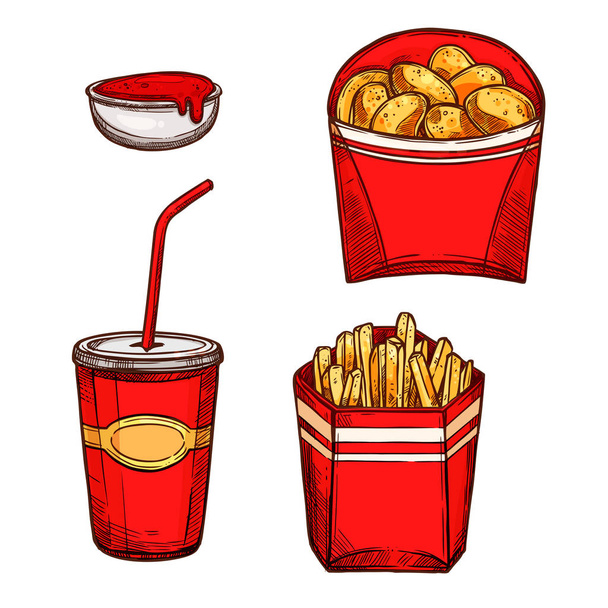Fast Food Snacks, Getränke Vektor isolierte Symbole - Vektor, Bild