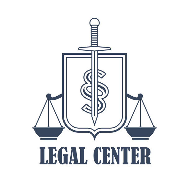 Νομικό κέντρο δικαιοσύνη κλίμακες εραλδικά εικονίδιο του φορέα - Διάνυσμα, εικόνα