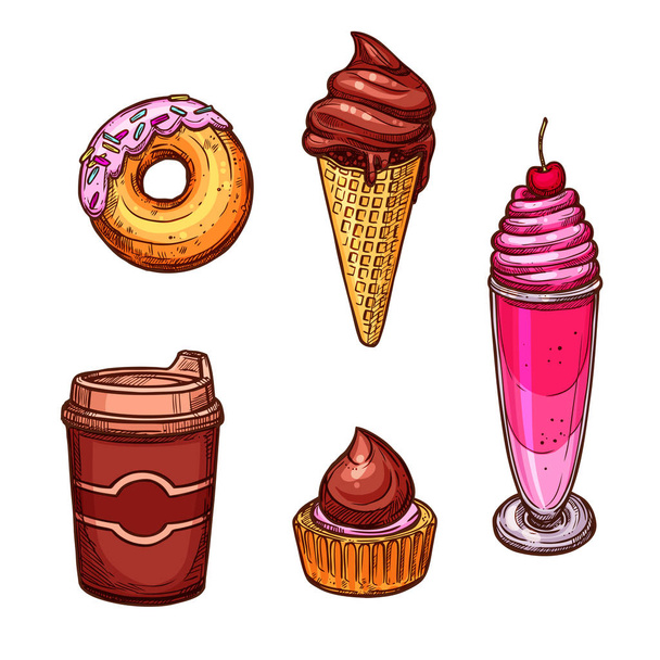Pastry desserts and sweets vector sketch icons - Vector, Image