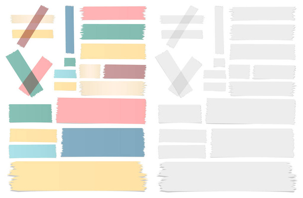 Set van verschillende grootte, kleurrijke kleverige papier, lijm, plakband zijn op witte achtergrond - Vector, afbeelding