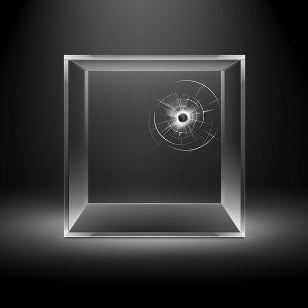 Vektor prázdné transparentní poškozený Crack sklo Box kostka izolované na tmavě černé pozadí s podsvícením - Vektor, obrázek