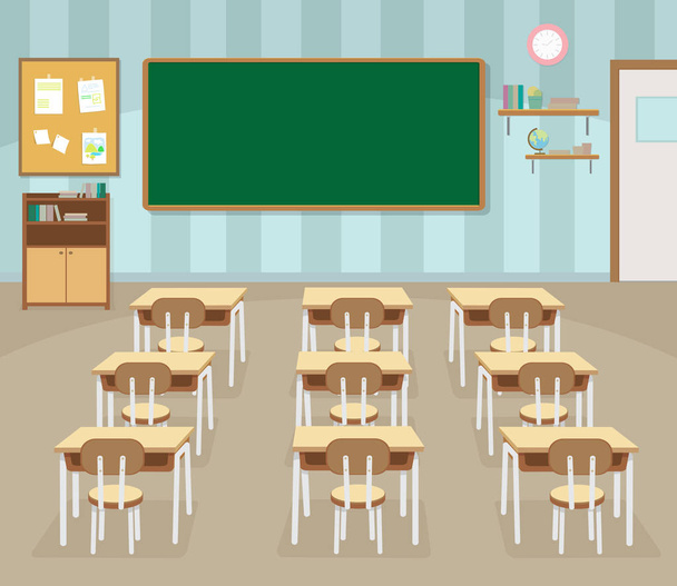 Empty school classroom with green chalkboard - Vector, Image