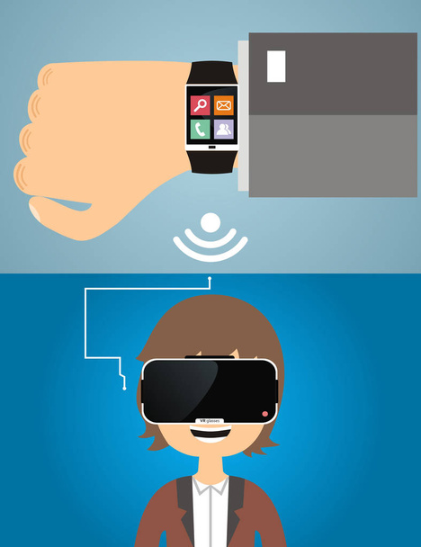 Smart watches are connected to the virtual reality glasses - Vector, Image