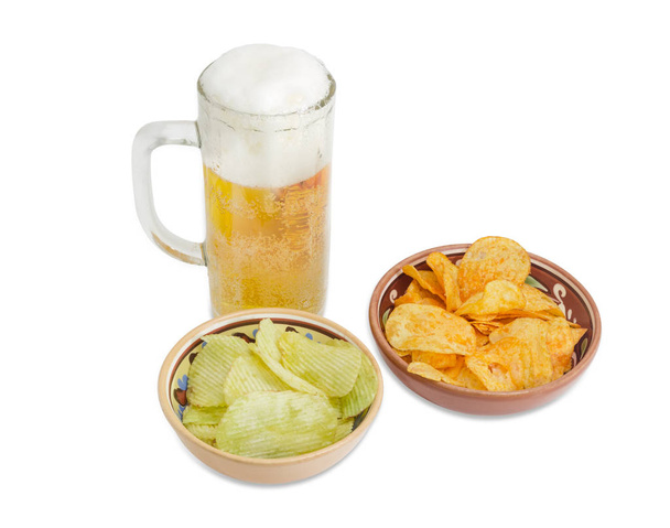 Lager beer and various potato chip in two ceramic bowls - Φωτογραφία, εικόνα