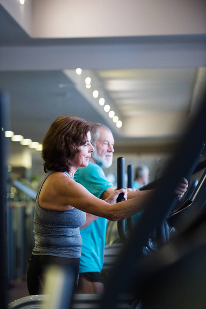 Beautiful fit senior couple in gym doing cardio work out. - Foto, Bild